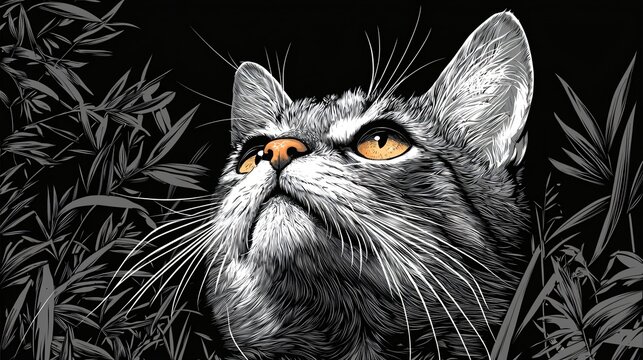 Gray cat looking up, bamboo background, night scene, pet portrait