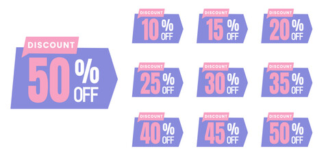 Sets of percent sale tags and banner. 10% 20% 30% 40% 50% 60% 70% 80% 90% set of discount and special sale offer vector illustration.