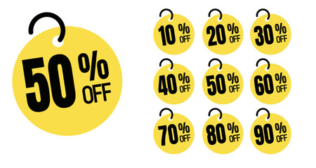 Sets of percent sale tags and banner. 10% 20% 30% 40% 50% 60% 70% 80% 90% set of discount and special sale offer vector illustration.