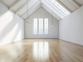 Fototapeta premium A large room with a window and a white ceiling. The room is empty and has a lot of natural light