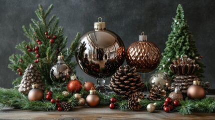 Festive christmas decoration with pinecones and baubles on wooden table
