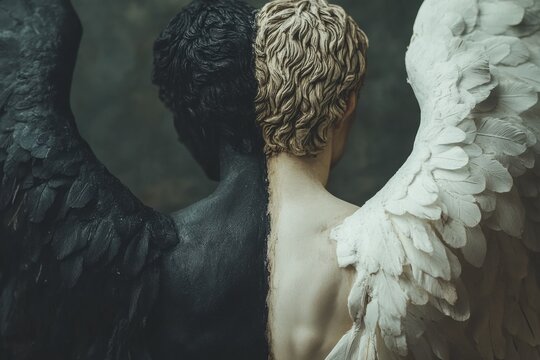 Half angel and half demon showing their wings, embracing duality and balance