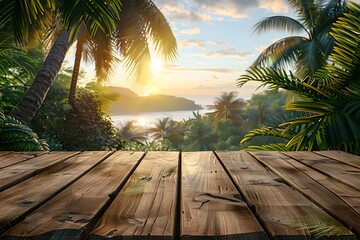 A wooden table with palm trees in the background