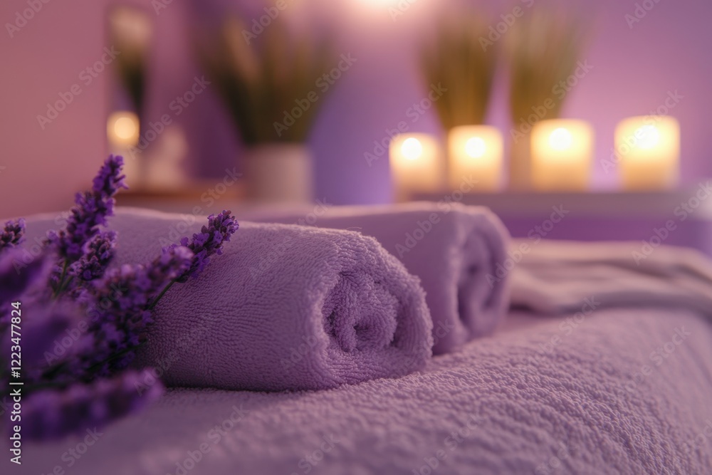 Poster relaxing spa setting with lavender towels and soft candlelight for a calming atmosphere