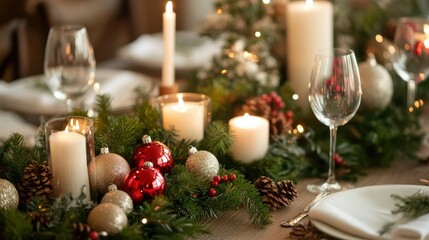 Festive christmas dining table decor with candles and ornaments