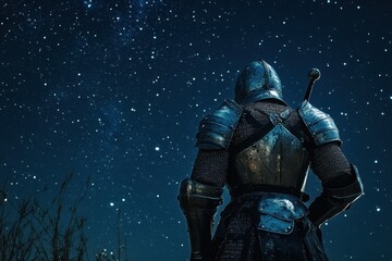 Fototapeta premium Knight gazing at a starry sky in a tranquil night setting