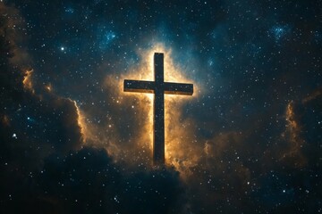 Fototapeta premium Glowing cross shines brightly amidst a starry cosmic background
