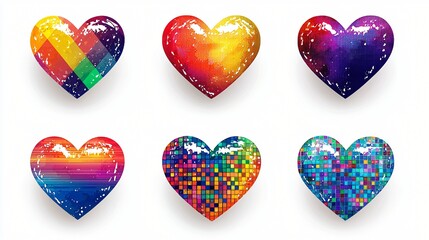 Colorful heart designs, digital art, white background, love concept