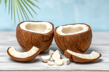 Freshly cracked coconuts with white flesh and brown shells, arranged on a white surface with a green palm leaf in the background.