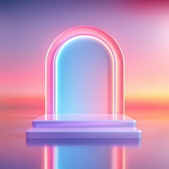 Neon Archway Product Display Platform - Pastel Sunset Background.