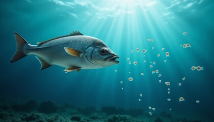 Fototapeta premium Fish swimming with zooplankton in clear water under sunlight rays