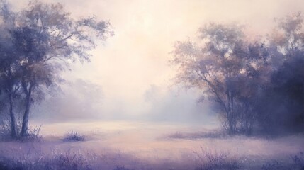 Obraz premium Serene Misty Morning Landscape with Trees and Field