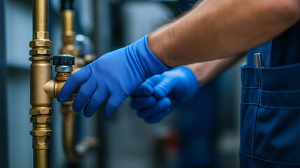 A plumber&acirc;s hands in blue gloves fitting a brass pipe coupling onto another, showcasing the methodical nature of professional plumbing and installation.