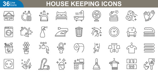 Housekeeping icons set. Detailed vector illustration featuring a wide range of cleaning tools, supplies, equipment, and maintenance symbols perfect for home, office, and more.