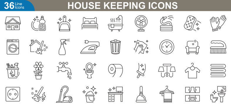 Housekeeping icons set. Detailed vector illustration featuring a wide range of cleaning tools, supplies, equipment, and maintenance symbols perfect for home, office, and more.
