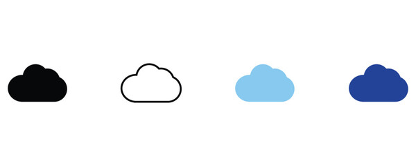 Cloud icon set, cloud silhouette, blue and outline style cloud icons isolated on white background. 