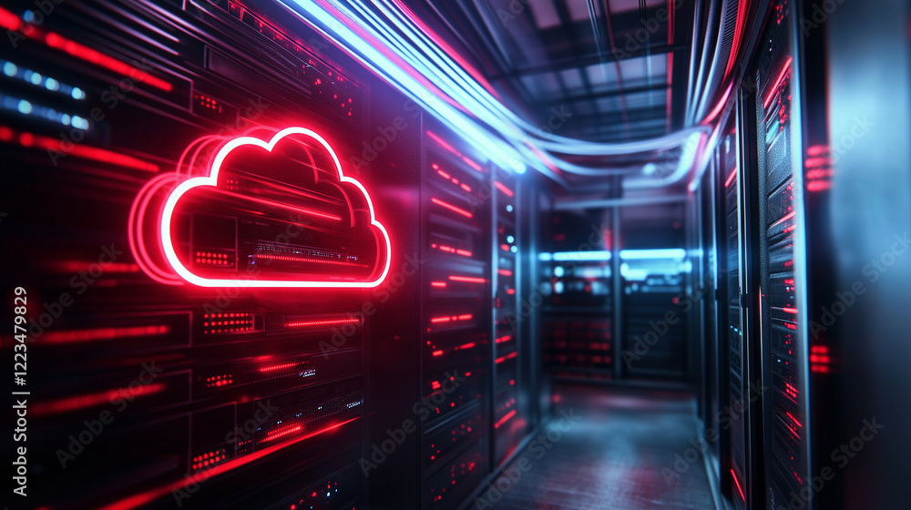 Aufkleber a glowing cloud icon projected on a wall in a server room, surrounded by cables and hardware, repres
