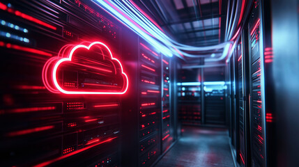 A glowing cloud icon projected on a wall in a server room, surrounded by cables and hardware, representing the migration of data to the cloud and the evolution of digital infrastru
