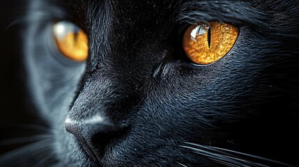 Black cat close-up, amber eyes, dark background, pet portrait, website banner