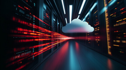 An abstract cloud overlaid on the servers in a high-tech room, with data streams flowing between the cloud and the server racks, illustrating cloud migration in a digital transform