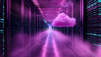 An abstract cloud overlaid on the servers in a high-tech room, with data streams flowing between the cloud and the server racks, illustrating cloud migration in a digital transform