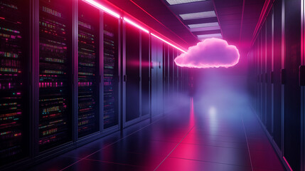 A server room illuminated by the soft glow of a digital cloud, with symbolic data packets transferring between the cloud and physical servers, representing the transition to cloud