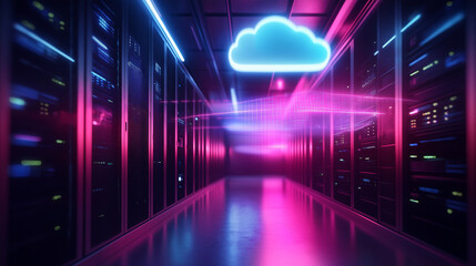 A server room illuminated by the soft glow of a digital cloud, with symbolic data packets transferring between the cloud and physical servers, representing the transition to cloud