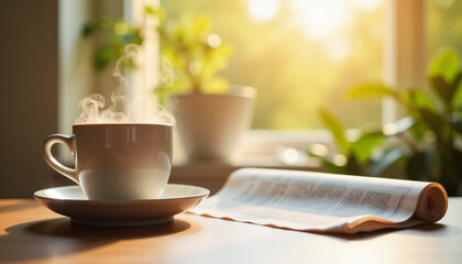 Steaming coffee cup on wooden table with newspaper and sunlight streaming through window