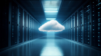 A dramatic image of a cloud materializing in the center of a server room, casting a soft light over the rows of servers, symbolizing digital transformation and the future of data m