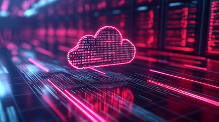 A conceptual cloud hovering over a server rack, with binary code and glowing data pathways leading from the cloud to the physical servers, representing seamless cloud migration.