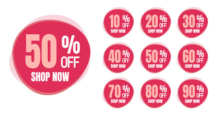 10%, 20%, 30%, 40%, 50%, 60%, 70%, 80%, 90%, Discount. Sale tags set vector badges template. Sale offer price sign. Special offer symbol. Discount promotion. Discount badge shape.