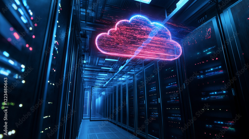 Poster a cloud-shaped hologram above a server room, with flickering lights on the server racks symbolizing 