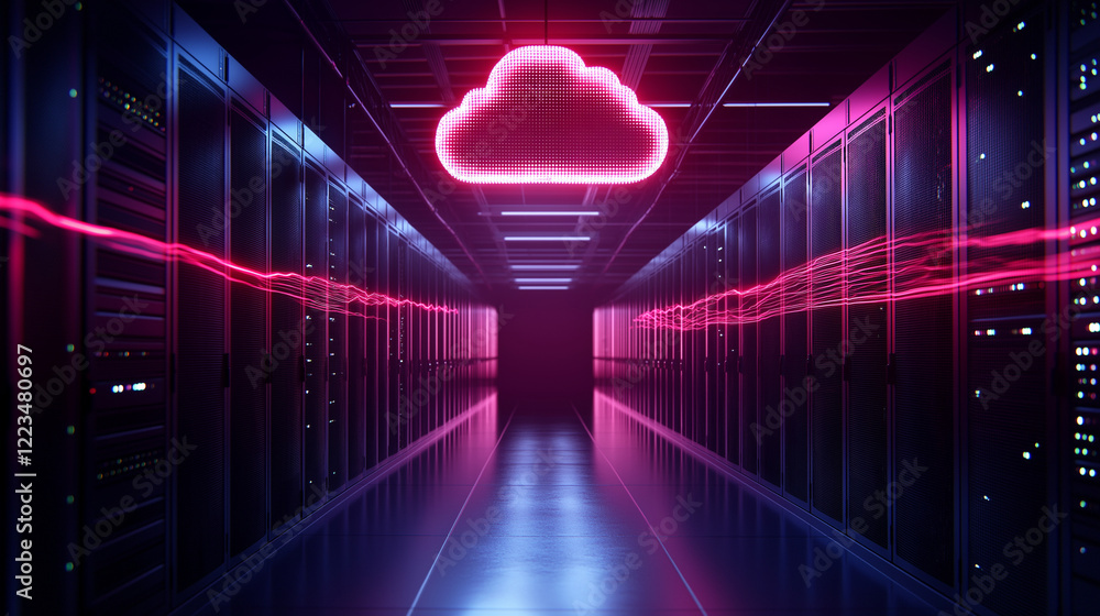 Poster a cloud-shaped hologram above a server room, with flickering lights on the server racks symbolizing 