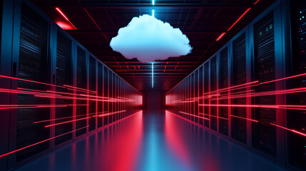 A serene cloud hovering above a modern server room, with thin digital lines connecting it to the servers, visualizing the connection between the digital and physical realms in the