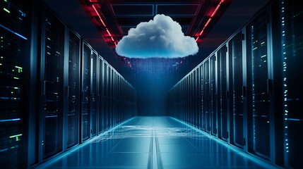 A serene cloud hovering above a modern server room, with thin digital lines connecting it to the servers, visualizing the connection between the digital and physical realms in the