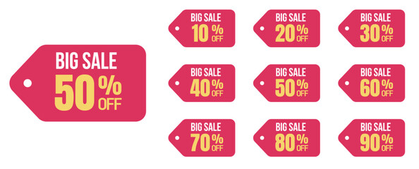 10%, 20%, 30%, 40%, 50%, 60%, 70%, 80%, 90%, Discount. Sale tags set vector badges template. Sale offer price sign. Special offer symbol. Discount promotion. Discount badge shape.