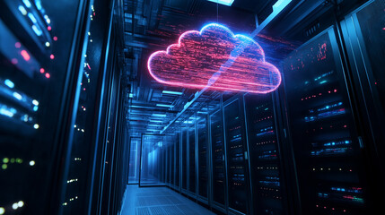 A cloud-shaped hologram above a server room, with flickering lights on the server racks symbolizing the transfer of data and workloads to the cloud as part of the digital revolutio