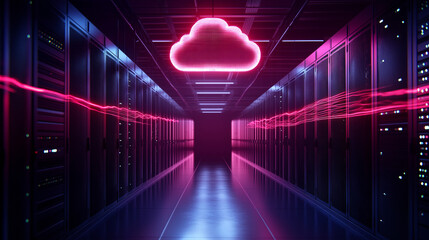 A cloud-shaped hologram above a server room, with flickering lights on the server racks symbolizing the transfer of data and workloads to the cloud as part of the digital revolutio