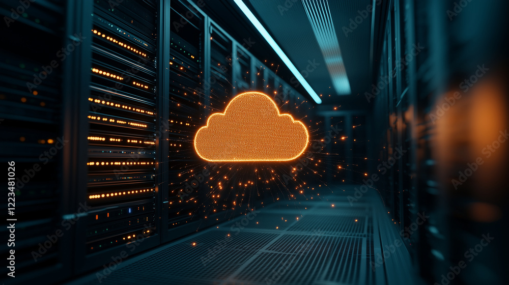 Poster a glowing cloud shape in the center of a server room, surrounded by a network of connected servers a