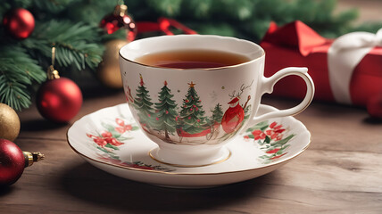 Fototapeta premium Christmas festive clevration for winter greeting card. White candle white cup of tea, wooden natural tray and knitted blanket. Home display interior decoration.