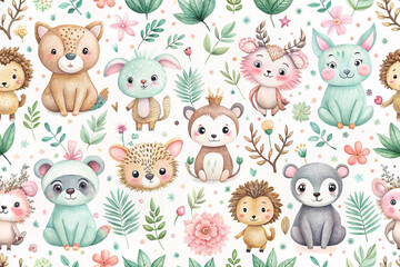 Naklejka premium Adorable watercolor animal pattern with flowers and leaves.