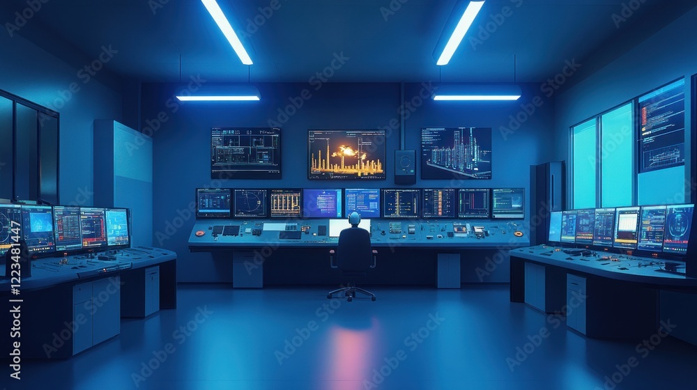 Poster Futuristic Control Room Operator Monitoring Data Displays