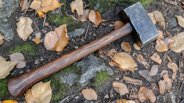 Medieval War Hammer with Wooden Handle &ndash; Rugged Steel Weapon on a Forest Floor