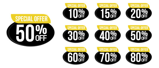 10%, 20%, 30%, 40%, 50%, 60%, 70%, 80%, 90%, Discount. Sale tags set vector badges template. Sale offer price sign. Special offer symbol. Discount promotion. Discount badge shape.