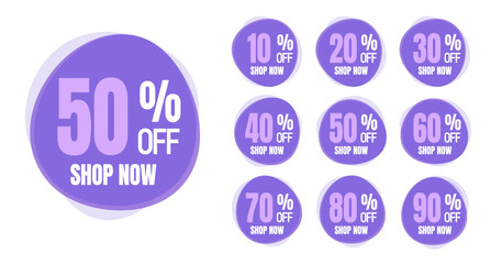 Violet Different percent discount sticker discount price tag set. Red round shape promote buy now with sell off up to 10, 20, 30, 40, 50, percent vector illustration isolated on white