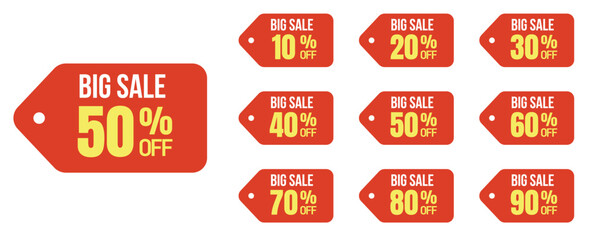 Sale discount price 10, 20, 25, 30, 40, 50, 60, 70, 80, 90 percent Promotion sticker badge set for shopping marketing and advertisement clearance sale, Save money. vector illustration.