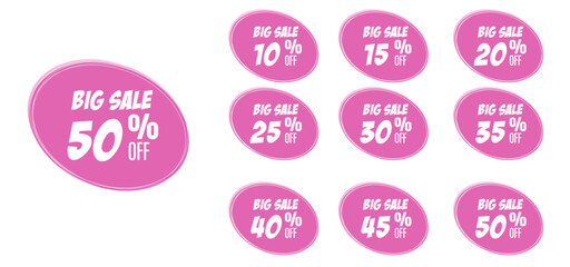 Pink Different percent discount sticker discount price tag set. Red round shape promote buy now with sell off up to 10, 20, 30, 40, 50, percent vector illustration isolated on white