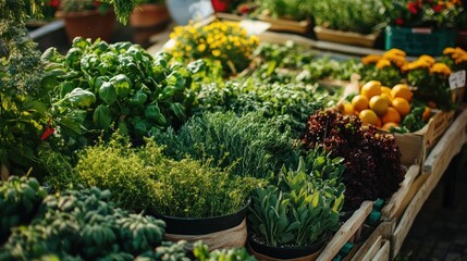 Vibrant Green Herbs and Flowers at Farmers Market