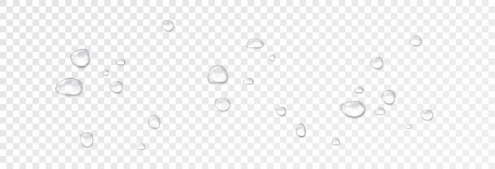 Realistic water drops on a transparent background, condensation on the surface with light reflection and shadow, vector, png, 3D effect.	