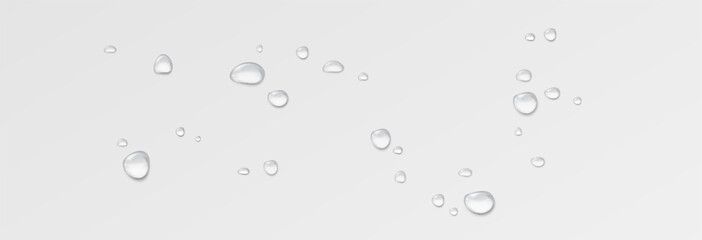 Realistic water drops on a transparent background, condensation on the surface with light reflection and shadow, vector, png, 3D effect.	